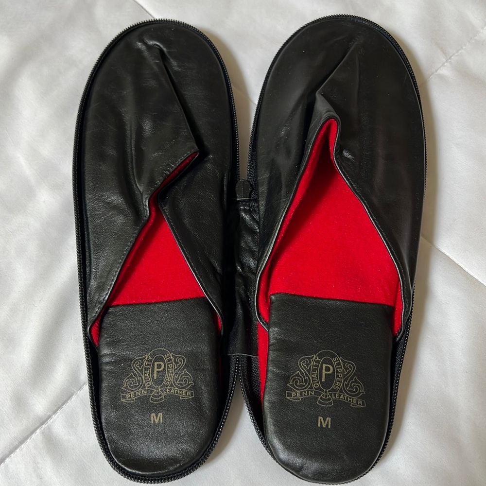 Vintage Black Leather Travel Slippers W/ Travel Bag Made in Korea Size M
